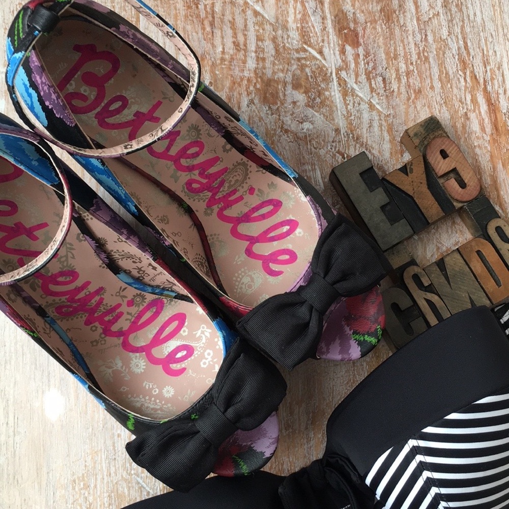 Betsey Johnson Multi-Color Floral Platform Sandals with Black Bows